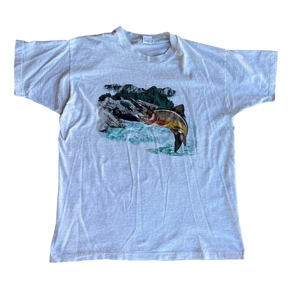 Fruit of the Loom VTG Retro Graphic Tee Jumping Fish Nature Print T Shirt XL